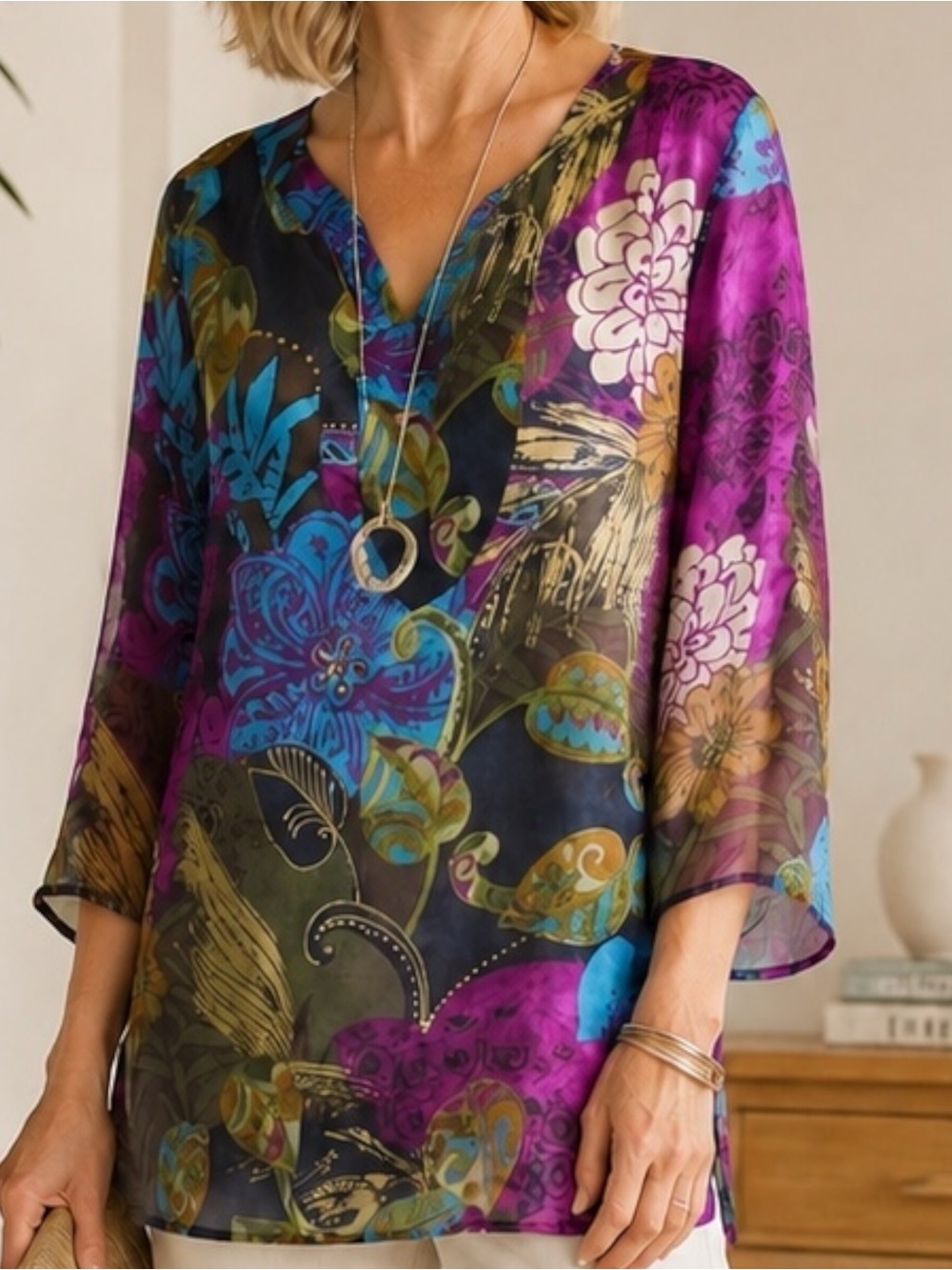 Chico’s 100% Silk Abstract Floral Tunic Top Semi Sheer Jewel Tone US 4 - Picture 15 of 15